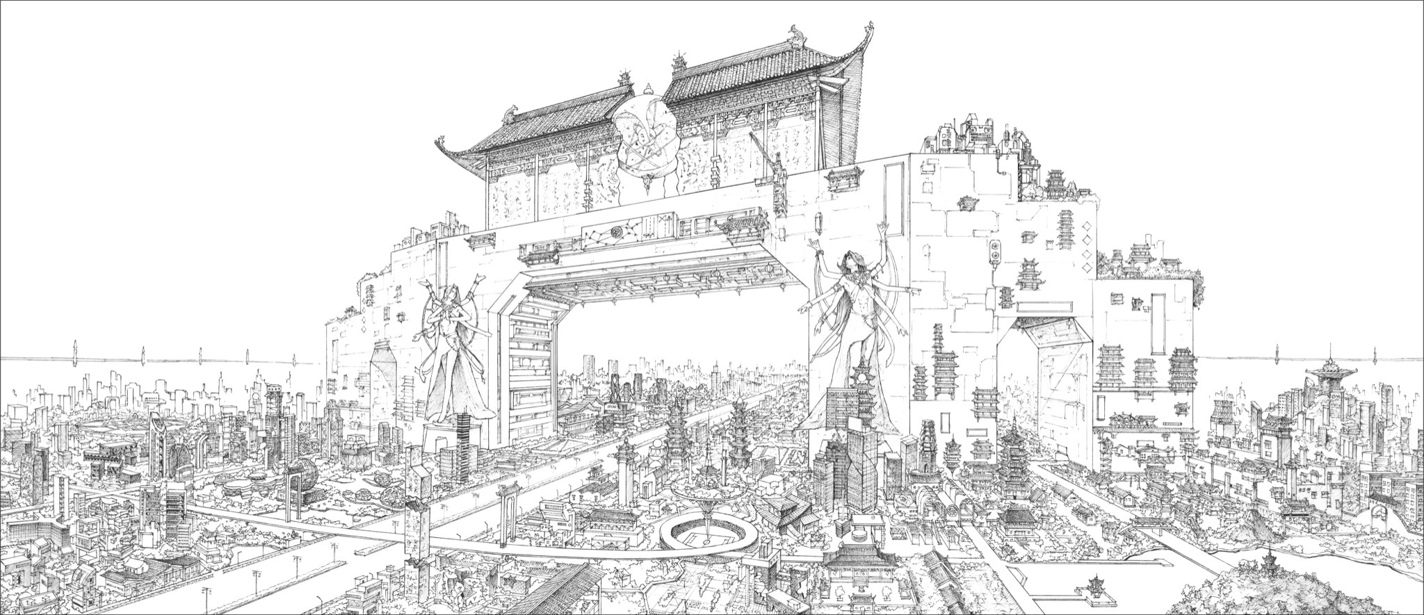 文墨天宫城市与天宫之门概念线稿